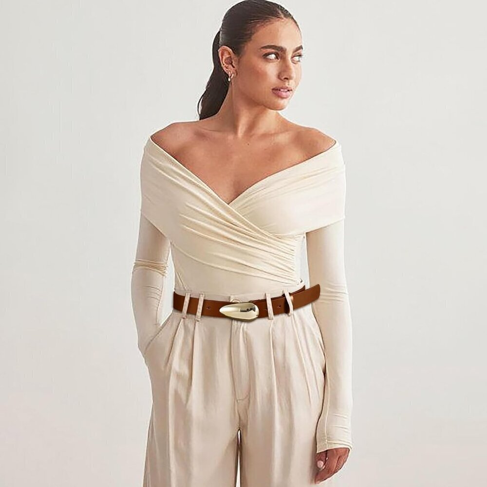 Women Leather Belt Synthetic Brown Xl Fit Gold Buckle Casual Dress